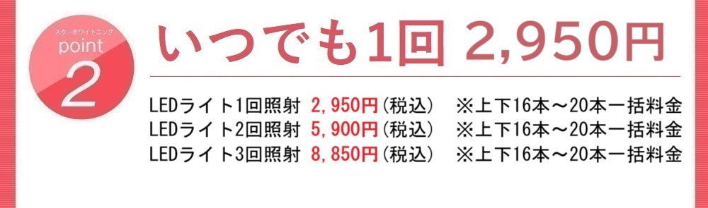 point2 1回2,950円!! 追加料金一切なし。コース設定なし。 来院毎のシンプルな料金。複数回来院するコース契約等はありません。 1回2,950円(上下16本〜20本一括料金)LEDライト10分×1回照射 2回4,910円(上下16本〜20本一括料金)LEDライト10分×2回照射 3回7,228円(上下16本〜20本一括料金)LEDライト10分×3回照射